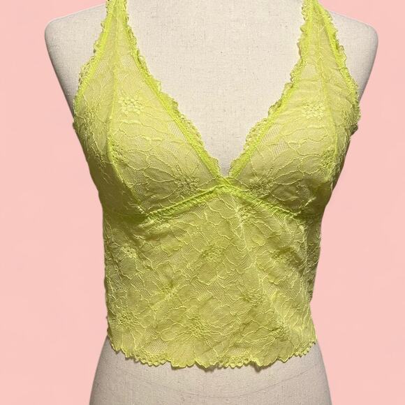 "Fleur't With‎ Me" Neon Yellow Lace Bralette crop top Size L - Picture 1 of 4